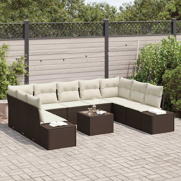 vidaXL Tuinbankenset met kussen 9 pcs Bruin en Cr&egrave;me Polyrattan