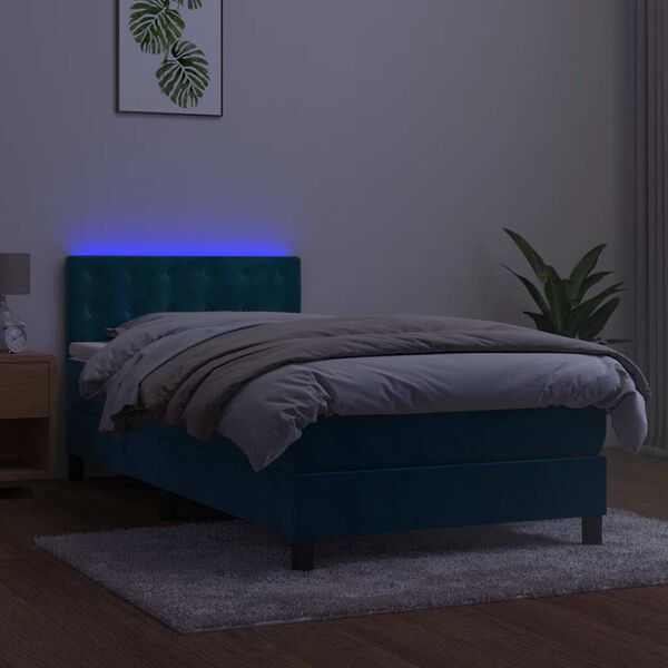 vidaXL Boxspring met matras en LED fluweel donkerblauw 90x200 cm