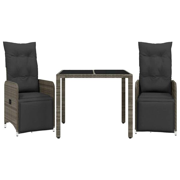 vidaXL 3-delige Bistroset met kussens poly rattan grijs