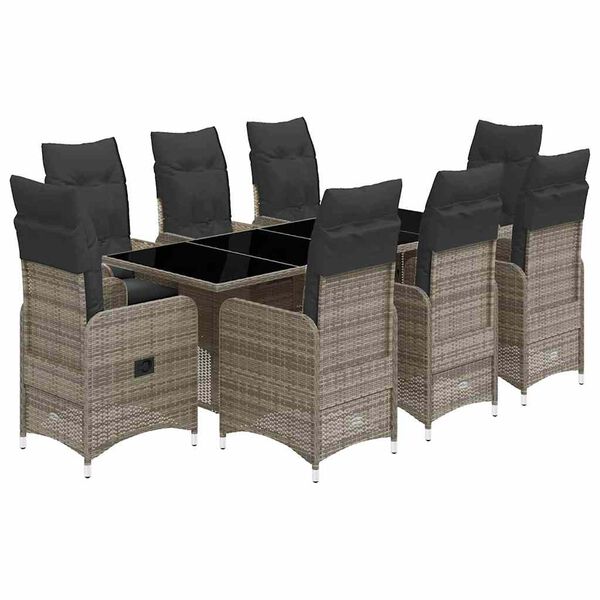 vidaXL 9-delige Bistroset met kussens poly rattan grijs