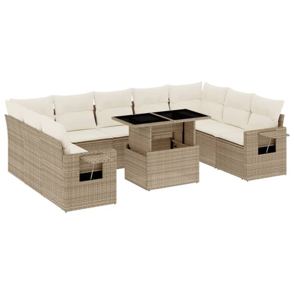 vidaXL 10-delige Loungeset met kussens poly rattan beige