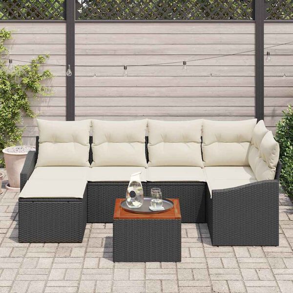vidaXL Tuinbankenset met opslag 7 pcs Zwart en Crème poly rattan