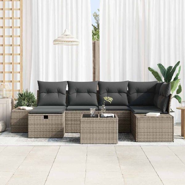 vidaXL Bankstel met kussen 7 pcs poly rattan