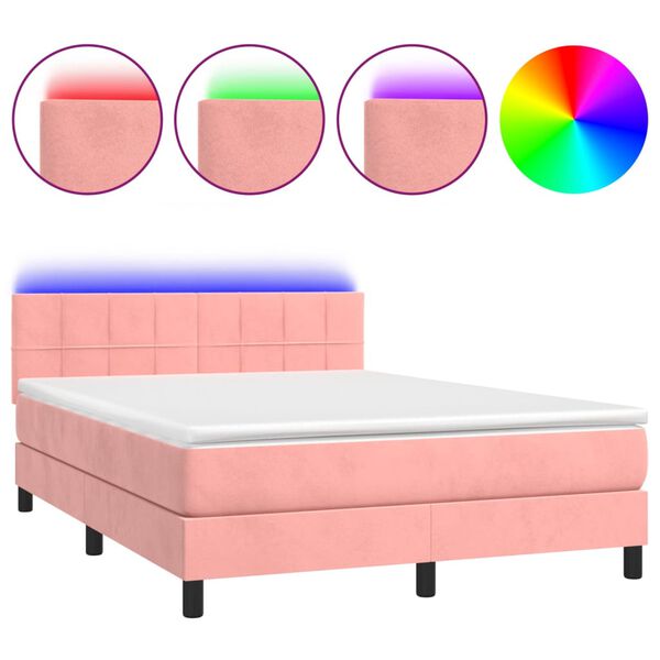 vidaXL Boxspring met matras en LED fluweel roze 140x190 cm