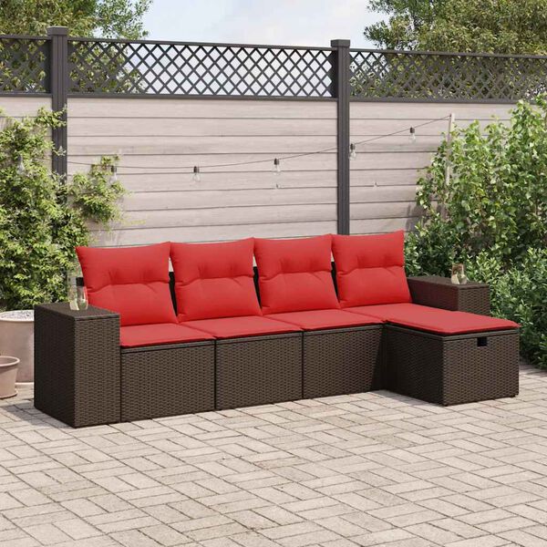vidaXL 5-delige Loungeset met kussens poly rattan bruin