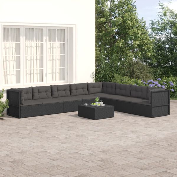 vidaXL 8-delige Loungeset met kussens poly rattan zwart