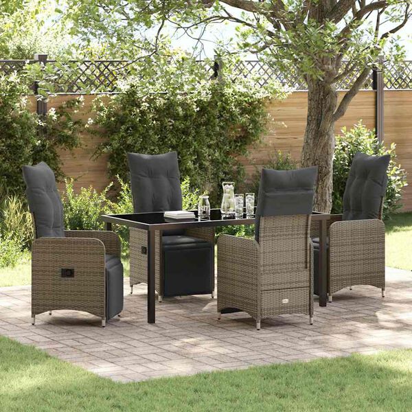 vidaXL Tuin eettafelset met kussen 5 pcs Grijs poly rattan