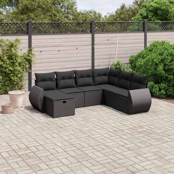 vidaXL 7-delige Loungeset met kussens poly rattan zwart