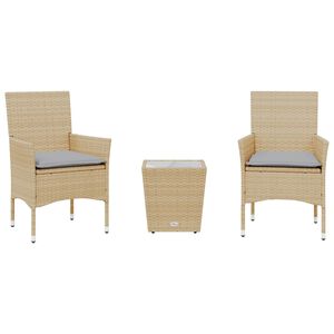 vidaXL 3-delige Bistroset met kussens poly rattan en glas beige