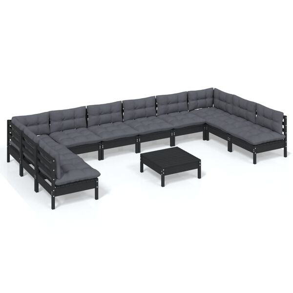vidaXL 11-delige Loungeset met kussens massief grenenhout zwart