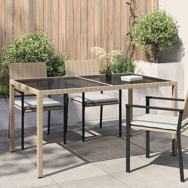 vidaXL Tuintafel 150x90x75 cm gehard glas en poly rattan beige