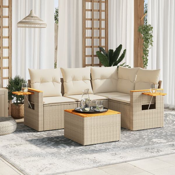 vidaXL 5-delige Loungeset met kussens poly rattan beige
