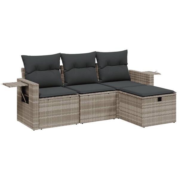 vidaXL 4-delige Loungeset met kussens poly rattan lichtgrijs
