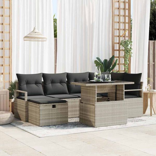 vidaXL Tuin Sofa Set met kussen met opslag 7 pcs Lichtgrijs Poly riet