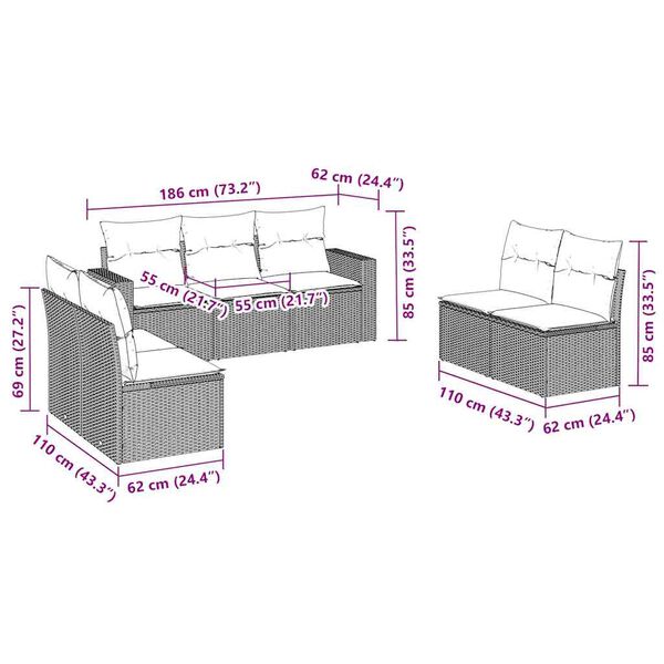 vidaXL 7-delige Loungeset met kussens poly rattan zwart