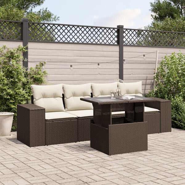 vidaXL 5-delige Loungeset met kussens poly rattan bruin