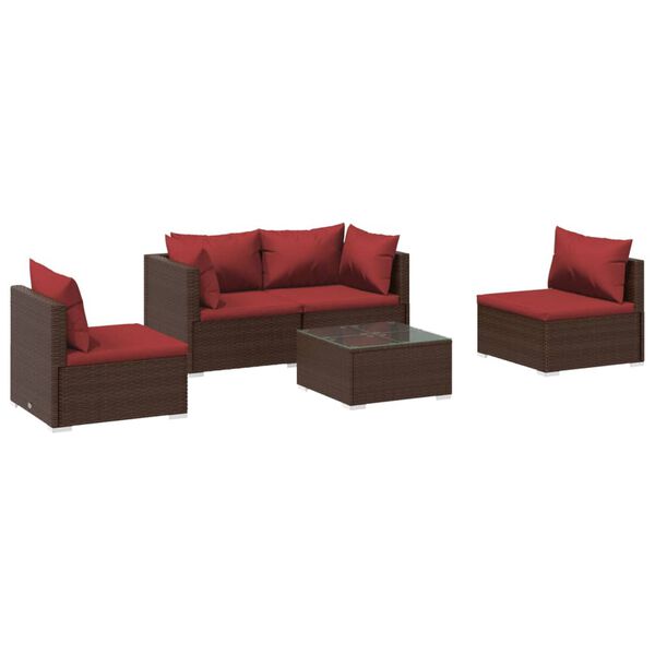 vidaXL 5-delige Loungeset met kussens poly rattan bruin
