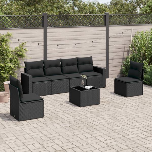 vidaXL 7-delige Loungeset met kussens poly rattan zwart