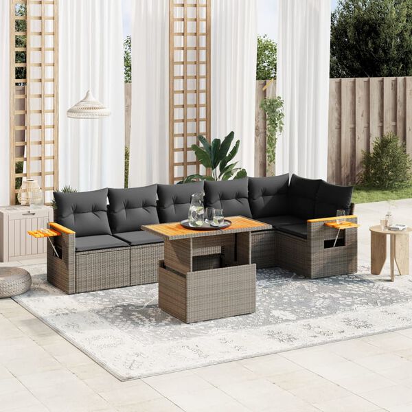 vidaXL 7-delige Loungeset met kussens poly rattan grijs