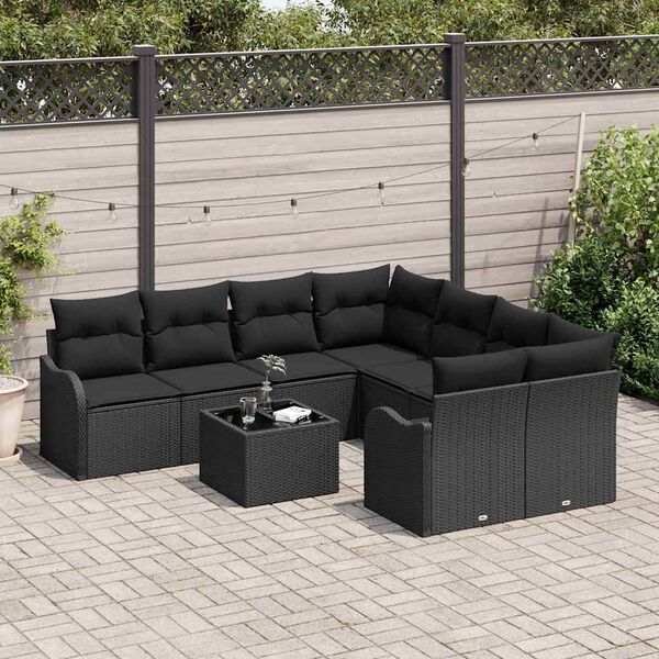 vidaXL Tuin Sofa Set met kussen 9 pcs Zwart Poly Riet en Staal en Glas