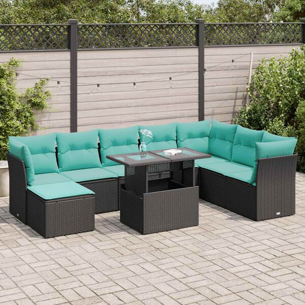 vidaXL 9-delige Loungeset met kussens poly rattan acacia zwart