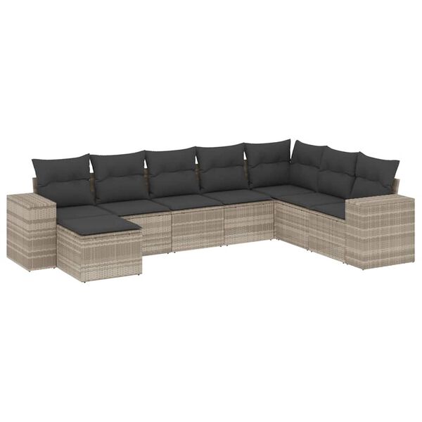 vidaXL 8-delige Loungeset met kussens poly rattan lichtgrijs