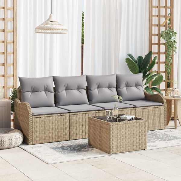 vidaXL Tuin Sofa Set 5 pcs Beige en Grijs Poly rattan, staal en glas