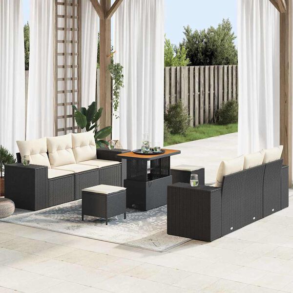 vidaXL Tuin Sofa Set met kussen 9 pcs Zwart en Cr&egrave;me Poly Rattan