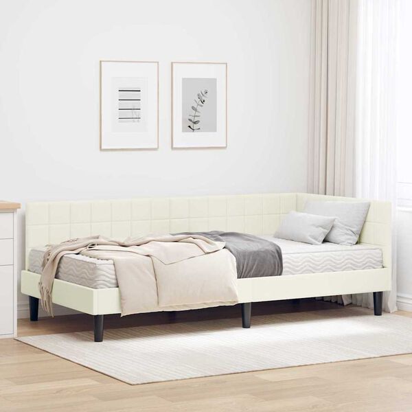 vidaXL Hoekbedframe met Matras Cr&egrave;me 90 x 190 cm Fluweel