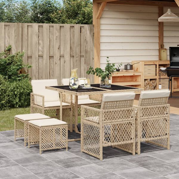 vidaXL 9-delige Tuinset met kussens poly rattan beige