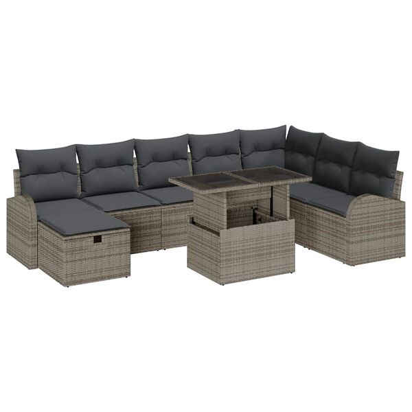 vidaXL Tuin Sofa Set met kussen met opslag 9 pcs Grijs Poly riet