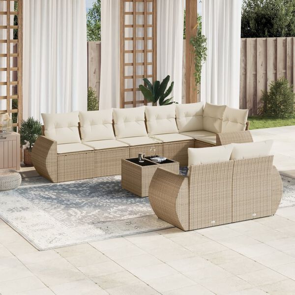vidaXL 9-delige Loungeset met kussens poly rattan beige