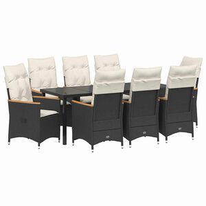 vidaXL Tuin eettafelset met kussen 9 pcs Zwart poly rattan