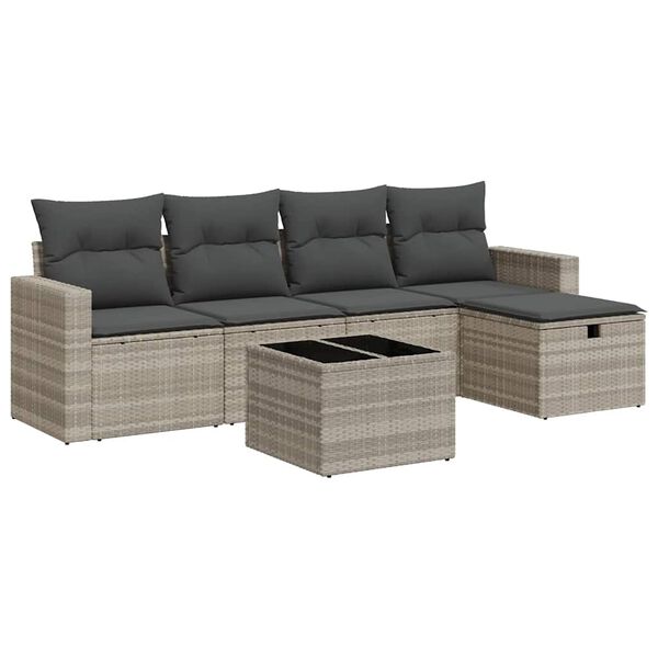 vidaXL 6-delige Loungeset met kussens poly rattan lichtgrijs