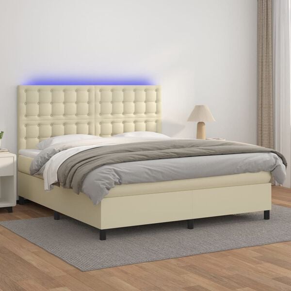 vidaXL Boxspring met matras en LED kunstleer cr&egrave;mekleurig 180x200 cm
