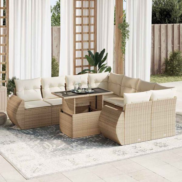 vidaXL 9-delige Loungeset met kussens poly rattan beige