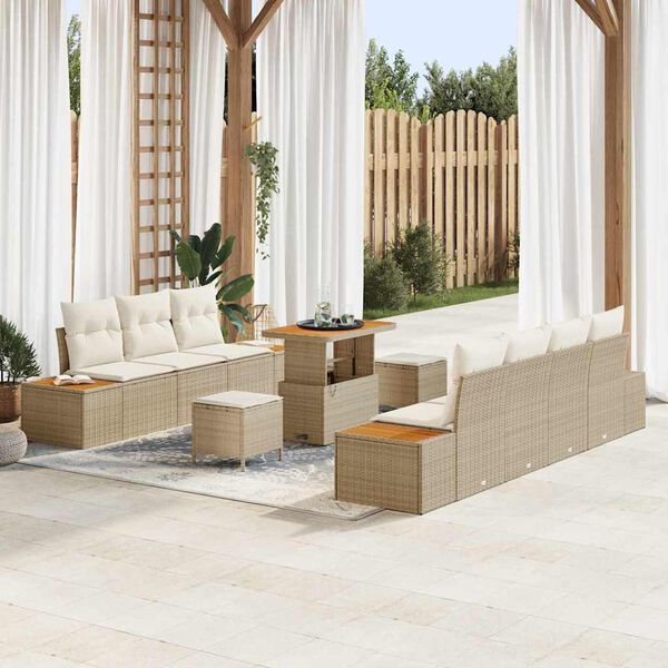 vidaXL Tuinbankenset met kussen met opslag 10 pcs Beige Poly riet