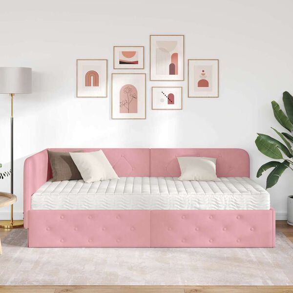 vidaXL Hoekbedframe met matras met hoofdeinde Roze 90 x 200 cm Fluweel