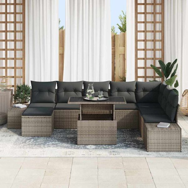 vidaXL Tuin Sofa Set met kussen met opslag 9 pcs Grijs poly rattan