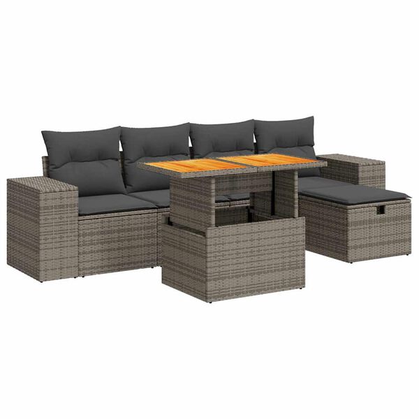 vidaXL 6-delige Loungeset met kussens poly rattan acacia grijs