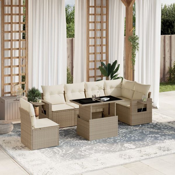 vidaXL 7-delige Loungeset met kussens poly rattan beige