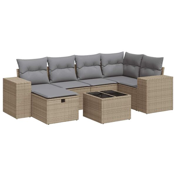 vidaXL 7-delige Loungeset met kussens poly rattan beige