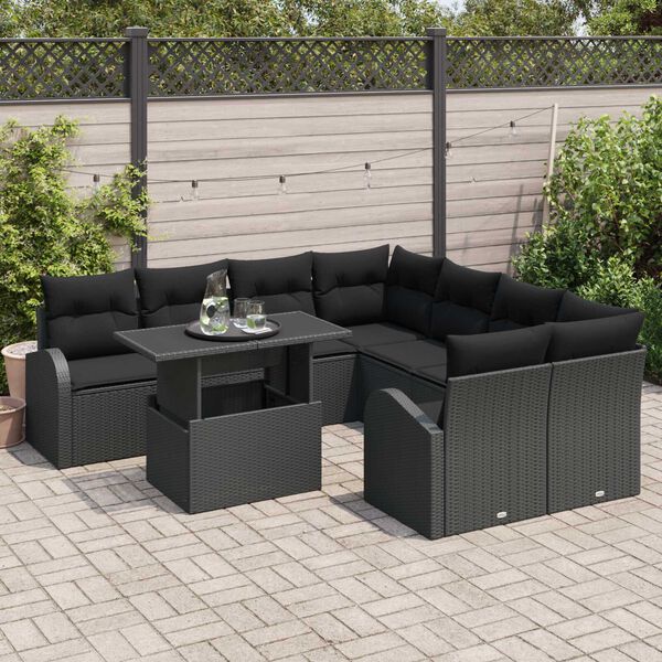 vidaXL Tuin Sofa Set met kussen met opslag 9 pcs Zwart Poly Rattan