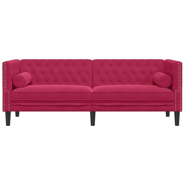 vidaXL Driezitsbank Chesterfield-stijl met bolsters fluweel wijnrood