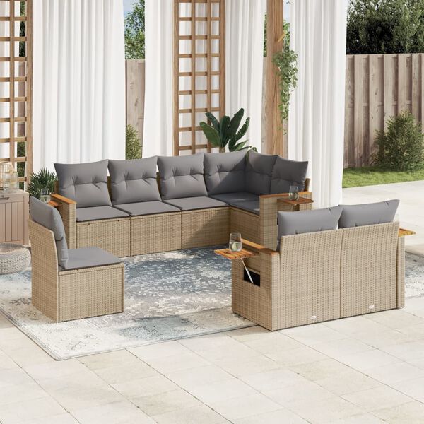 vidaXL 8-delige Loungeset met kussens poly rattan beige