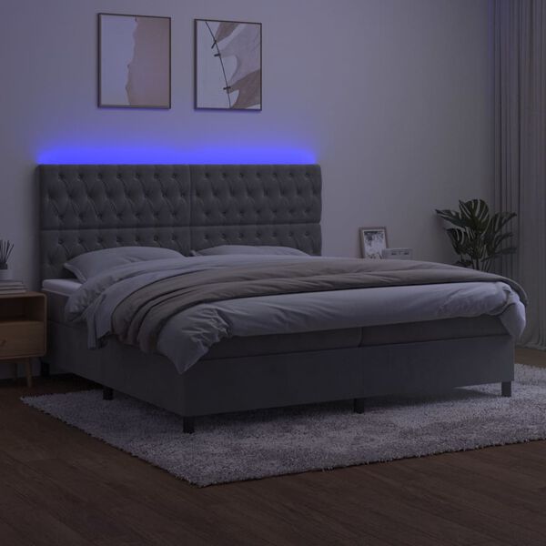 vidaXL Boxspring met matras en LED fluweel lichtgrijs 200x200 cm