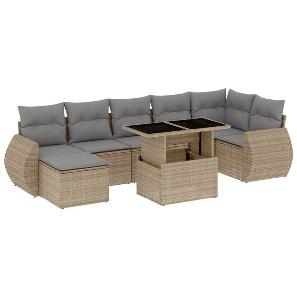 vidaXL 8-delige Loungeset met kussens poly rattan beige