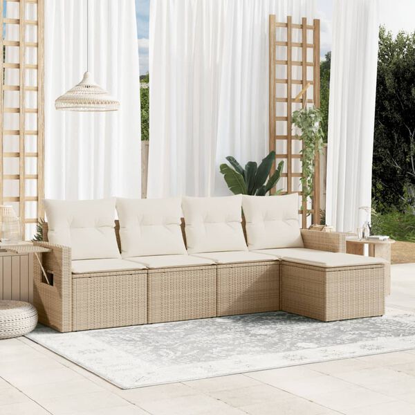 vidaXL 5-delige Loungeset met kussens poly rattan beige