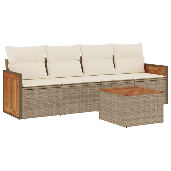 vidaXL 5-delige Loungeset met kussens poly rattan beige