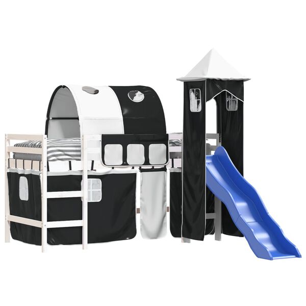 vidaXL Kinderhoogslaper met toren 90x200 cm grenenhout wit en zwart